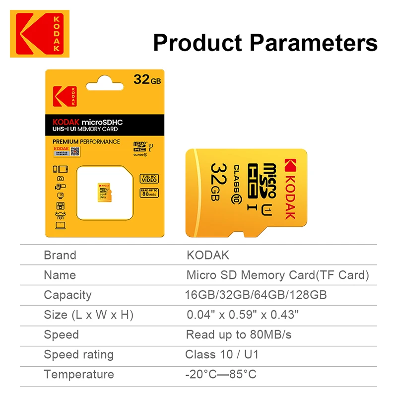 Wholesale KODAK Memory SD Card 16G 32G 64G 128G Class 10 U1 UHS-1 micro Full HD Video 80MB/S TF Memory card