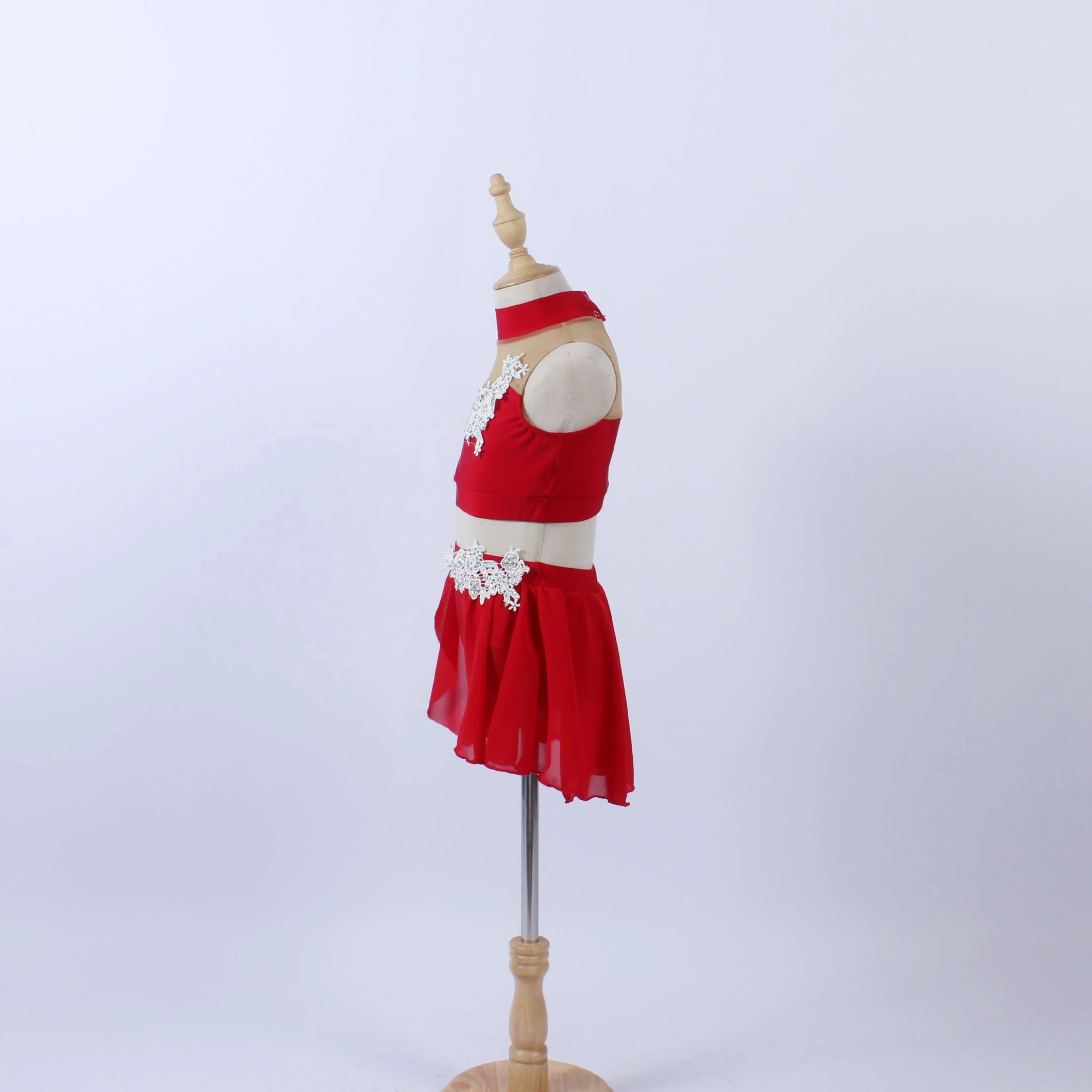 Girls spandex dance leotard two pieces red chiffon skirt practise dance wear Rhinestone applique stage performance dance costume