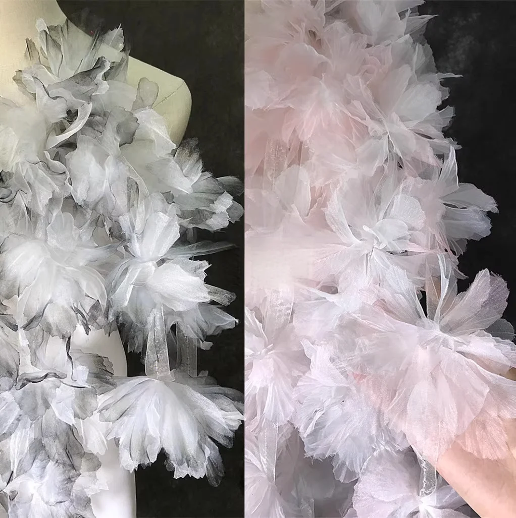 Ink art style tie-dye three-dimensional large yarn flowers creative clothing dress fashion designer lace fabric accessories