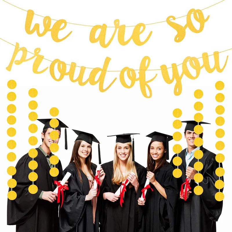 Graduation Banner 2021 We are So Proud of you Congrats Banner with Gold Glittery Circle Dots Garland for Graduation Gift
