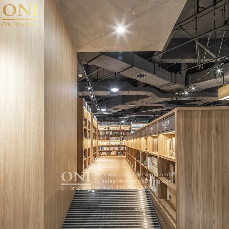 ONI Shopfitting Customized Bookstore Interior Design Display Racks Retail Wooden Bookstore Display Furniture