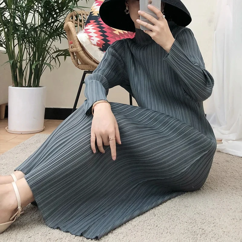 Miyake Pleated fast delivery solid color long sleeve simple casual korean loose plus size dress women fabrics dress