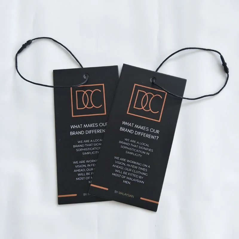 Пользовательские черные картонные бумажные бирки, ярлыки для одежды, ярлыки для одежды, ярлыки с веревкой, ярлыки для одежды с собственным логотипом