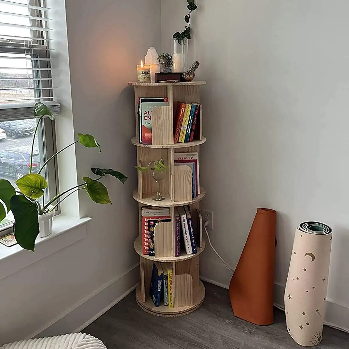 Artistic Rounded Corner Baffle Design Thickened Wood 360 Angle Rotating Bookshelf