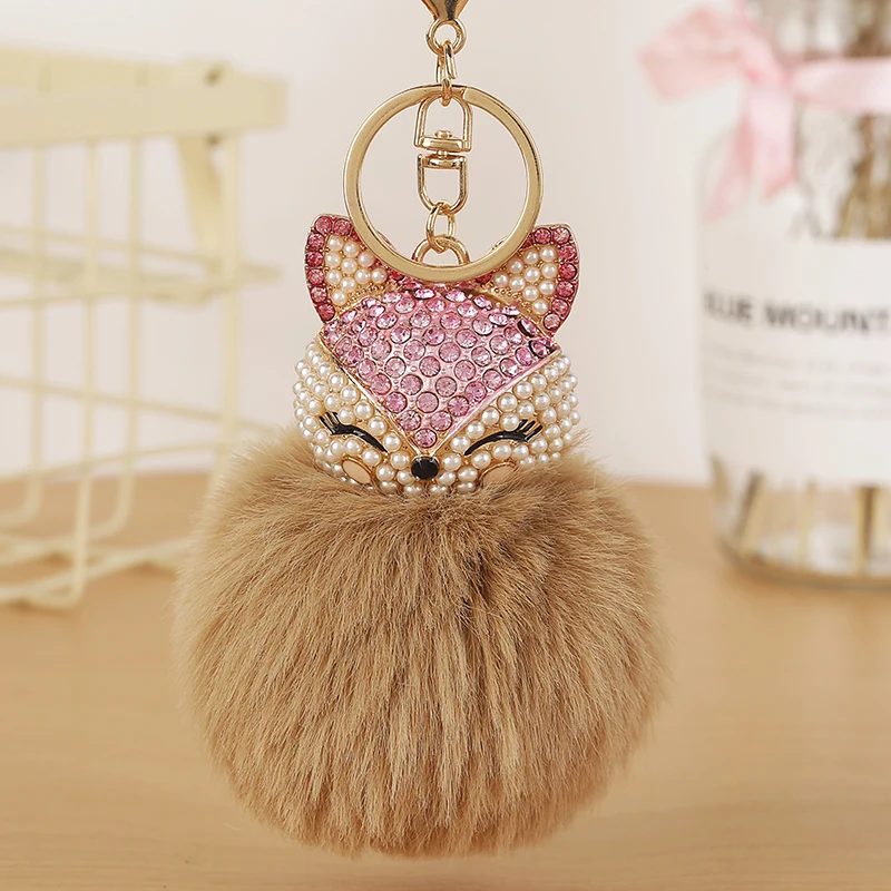 
New Rhinestone Faux Rabbit Fur Ball Pompom Fox Head Diamond Car Key Chain For Women Bag Car Key Ring Holder 1073A 