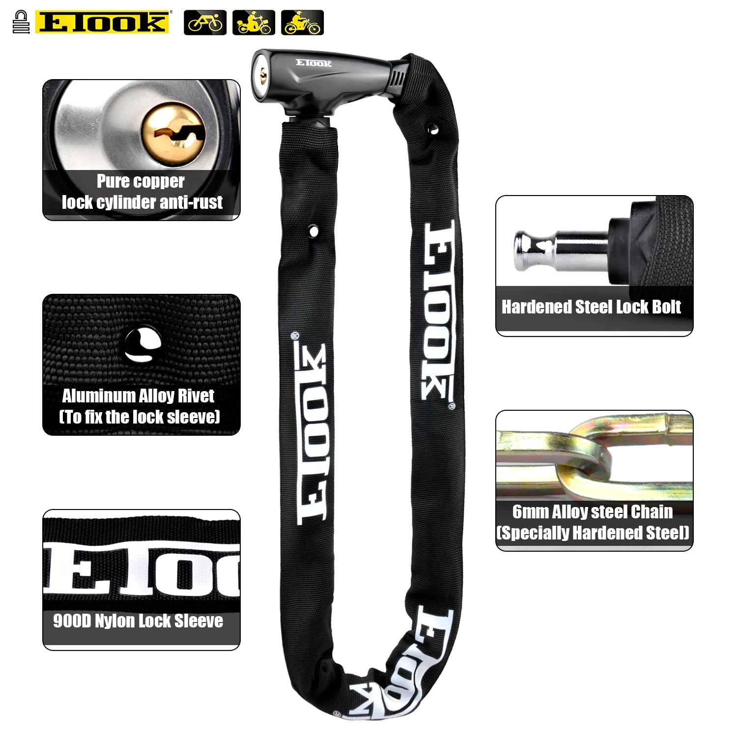 Bicycle Accessories Customized Chain Lock 6mm Thickness 1M Long Integrated Electric Bike Mountain Bike Frame Chain Lock