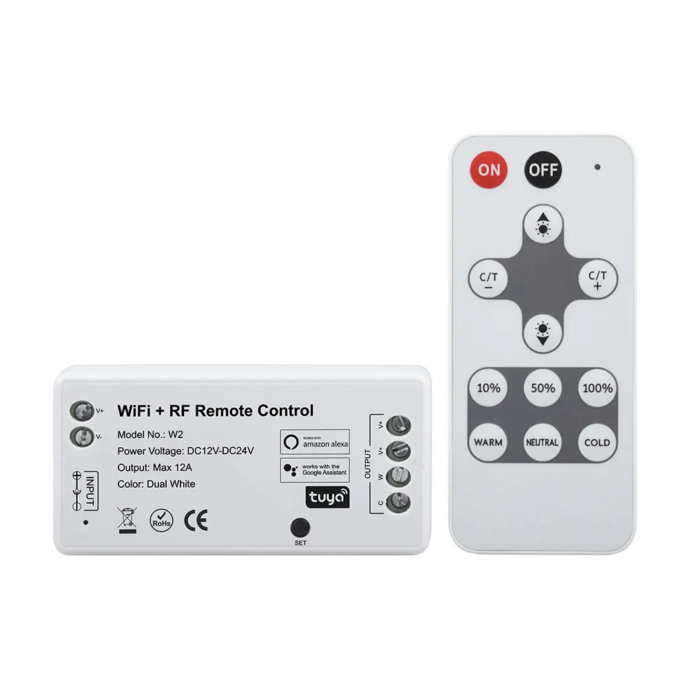 W2 WIFI Bluetooth CCT LED Controller and RF Remote Dimmable for Dual White LED Strip Compatible with Tuya APP Wireless Control