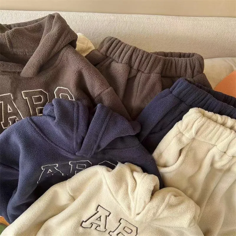 New autumn and winter children plus velvet letter leisure suit versatile pullover two-piece suit