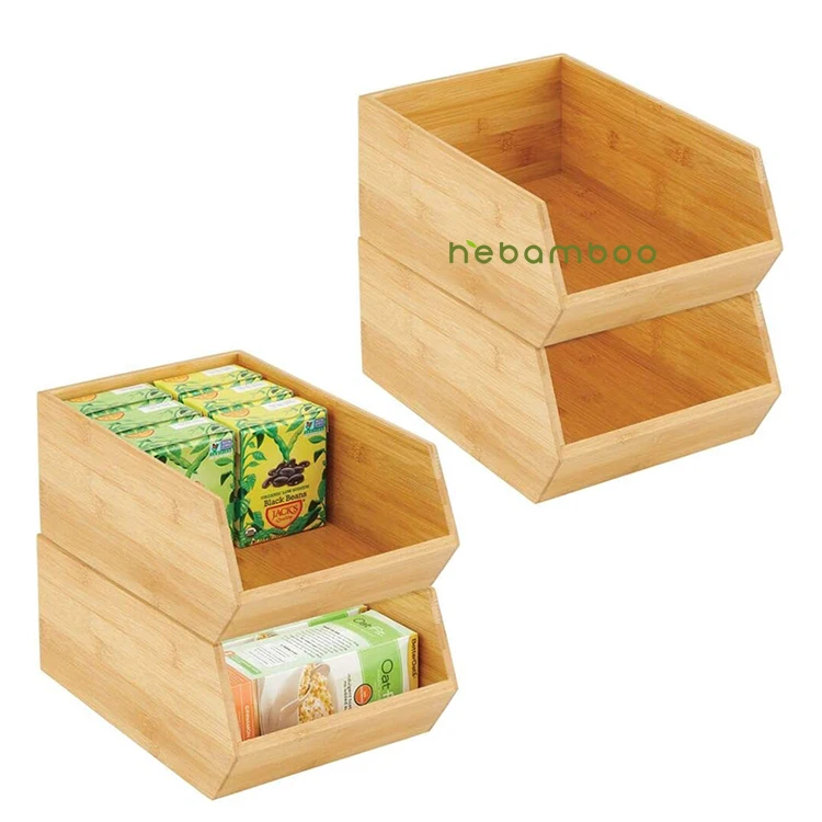 Stackable Food Storage Wide Open Front Bamboo Organizer Bin for Kitchen Pantry