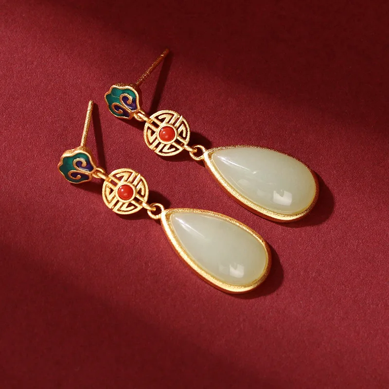 New Chinese Brass Earring Green Emeraled Silver Post Stud Copper Coin Shape Water Drop Trendy Hetian Jade Drop Natural Stone