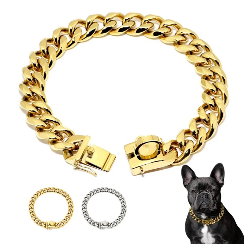 Factory Stainless Steel Chew Proof  19MM Gold Dog Chain Collar Metal with Design Secure Buckle for Dogs Cats