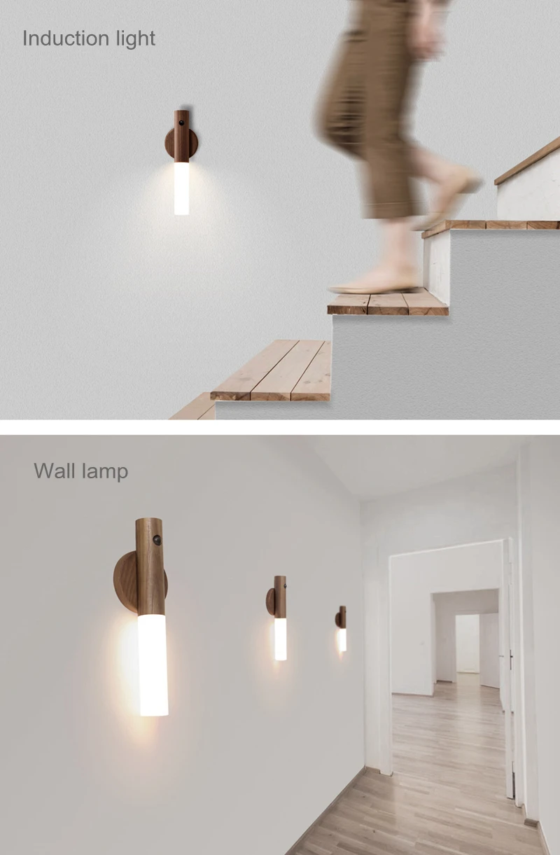 Modern Mini Wooden LED Night Light 500mAh Rechargeable Wall Lamp with Intelligent Body Sensor for Bedroom or Home Use