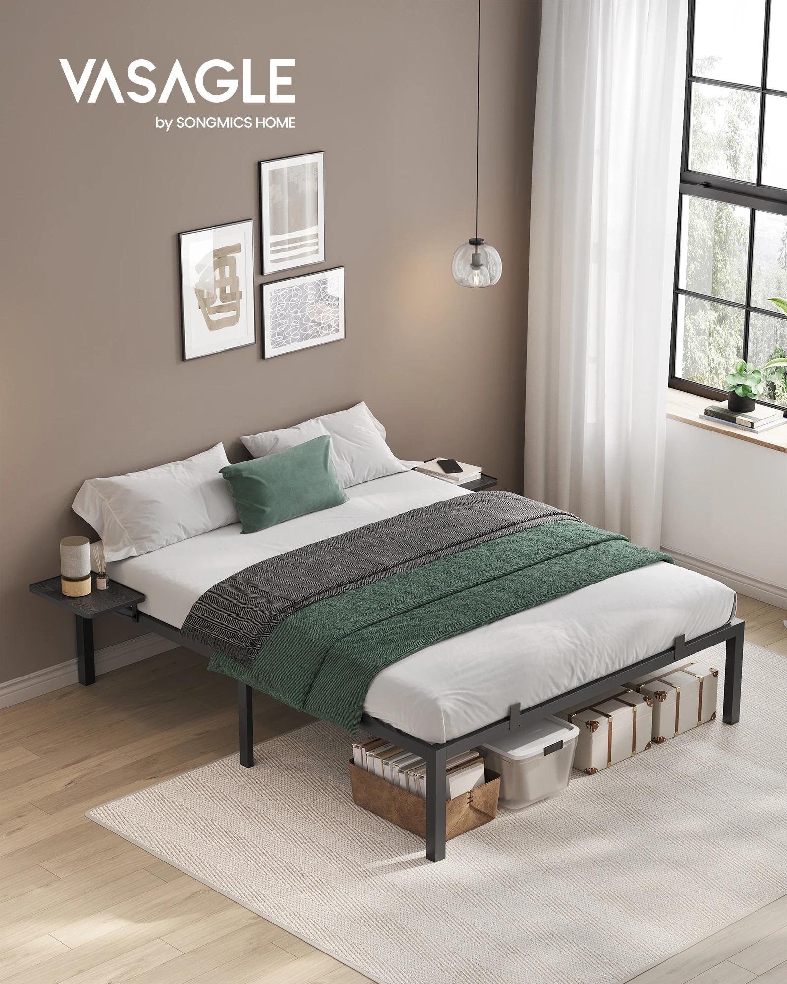 VASAGLE Modern Apartment industrial Metal Platform Bed Frame With Storage shelf