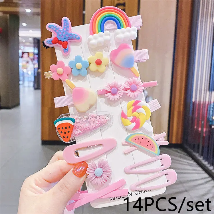 Jiamu Hot Cheap 14 Pcs/set Cute Child Barrettes Kid Hairgrips Hair Clip Accessories Gift Set Girl Cartoon Pattern Hair Clip Set