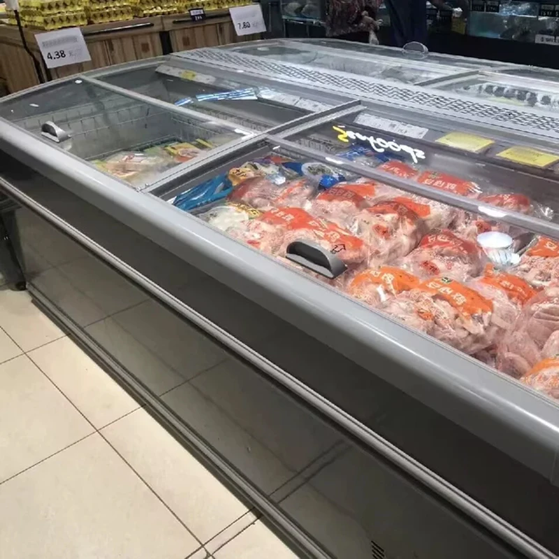 Sliding Glass Door Combine Units Island Freezer Supermarket Energy Saving Meat Frozen Food Island Display Chiller