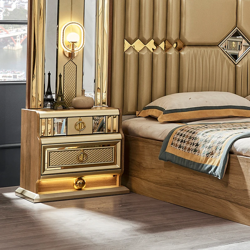 Wooden Modern Gold King Size Bed Double Master Room Villa Home Royal Full Queen Wood Luxury Bedroom Furniture Set