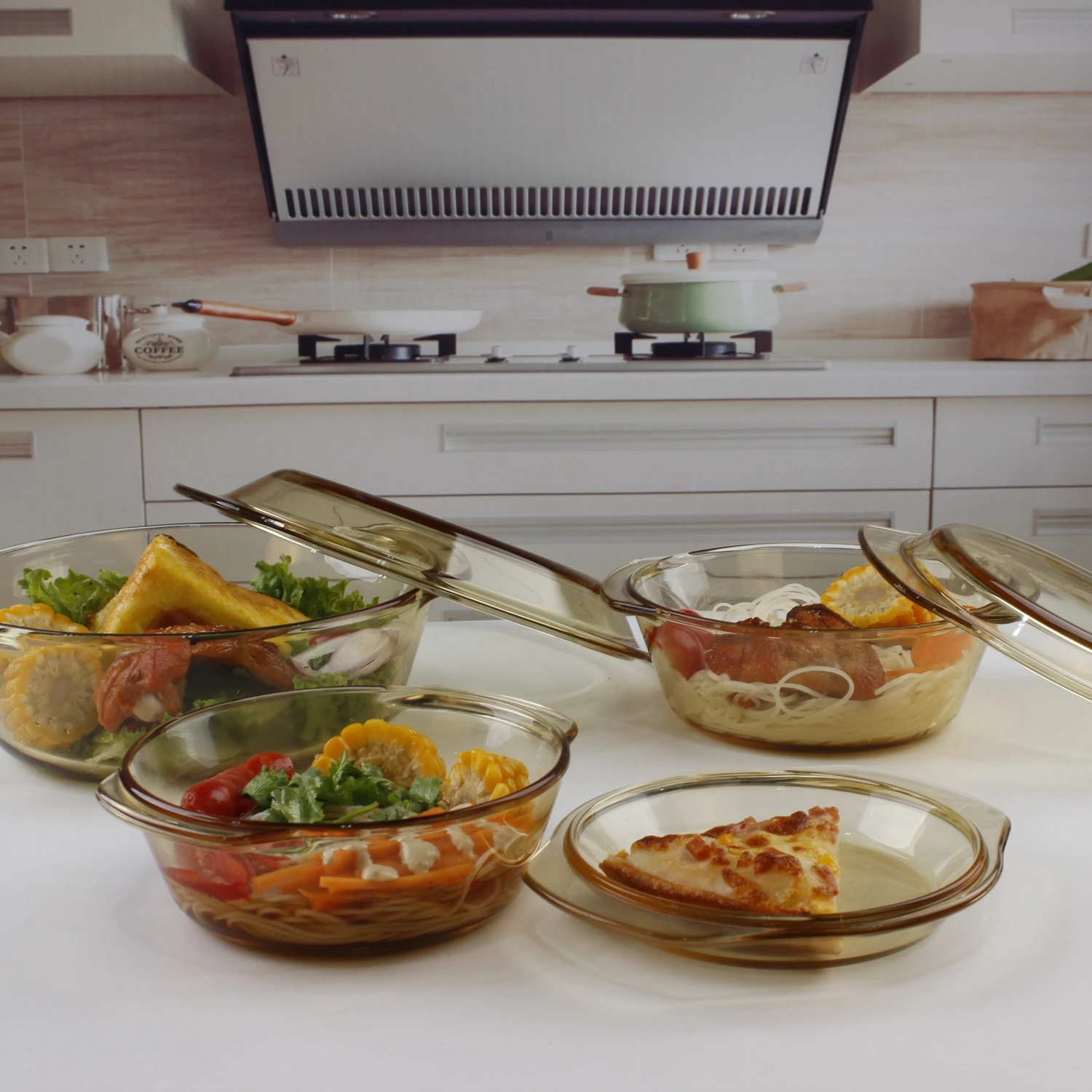 Wholesale Amber High Borosilicate Heat Resistant Bakeware glass bowl with lid Big Soup casseroles