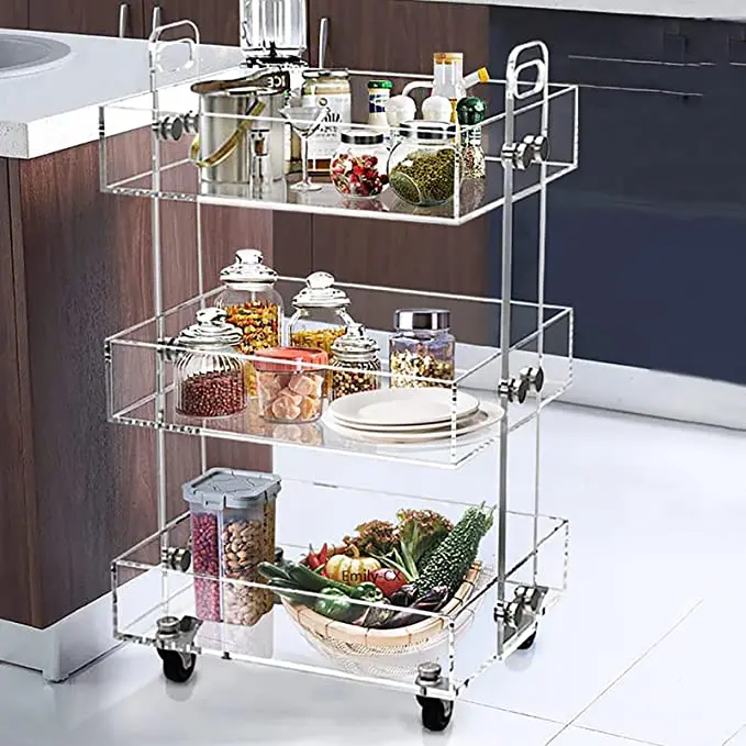 Acrylic 3-Tier Bar Cart with Wheels Sofa Side Table Acrylic Bedside Table with Wheels Clear Storage Rolling cart Table Storage