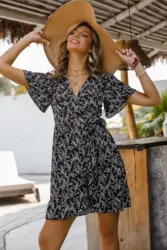 Alibaba good quality dress Hanni brand clothing woman Black floral print short sleeve V-neck Party Travel Ladies casual dress