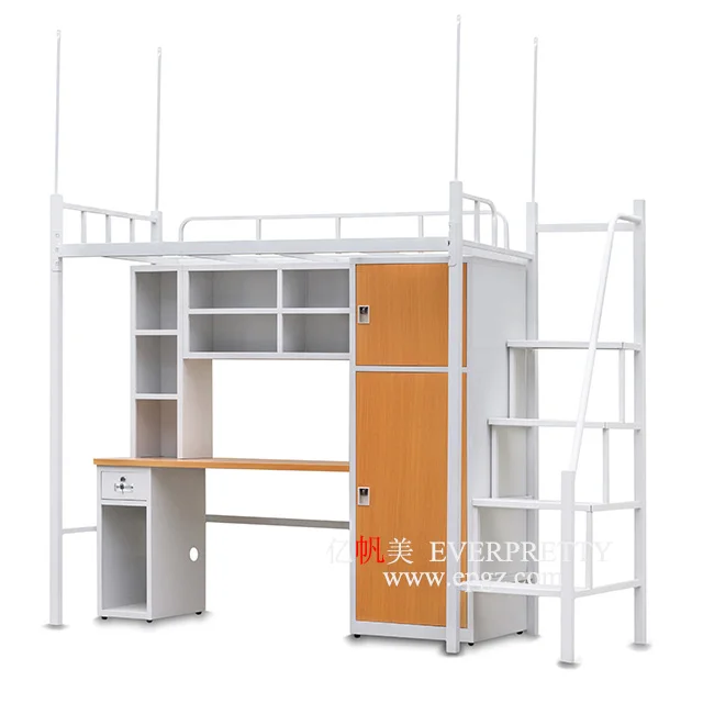 Modern Style Design School Dormitory Furniture Single Bunk Bed with Wooden Wardrobe
