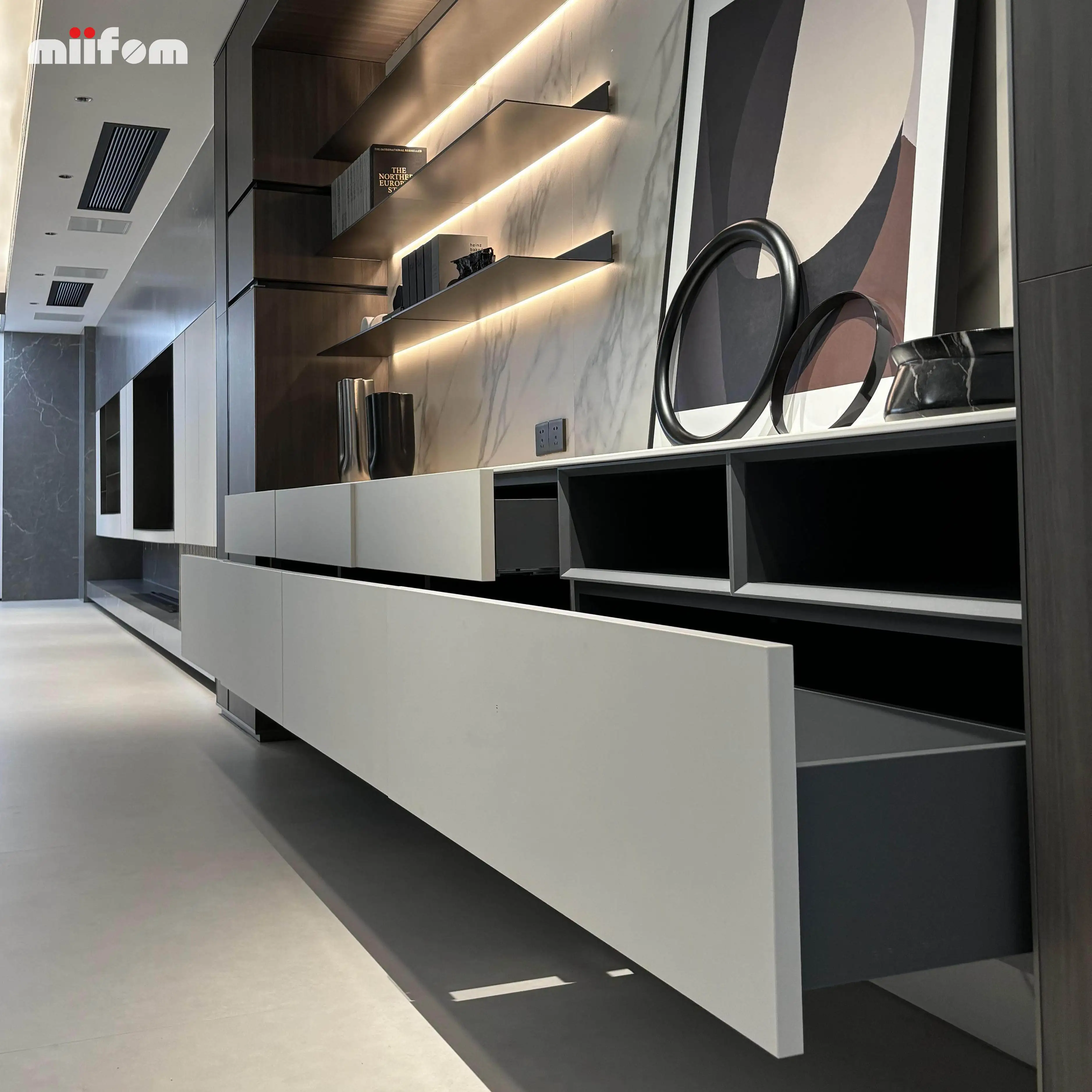 wave white slate door panel full wall TV cabinet with glass displayed cabinet and open area