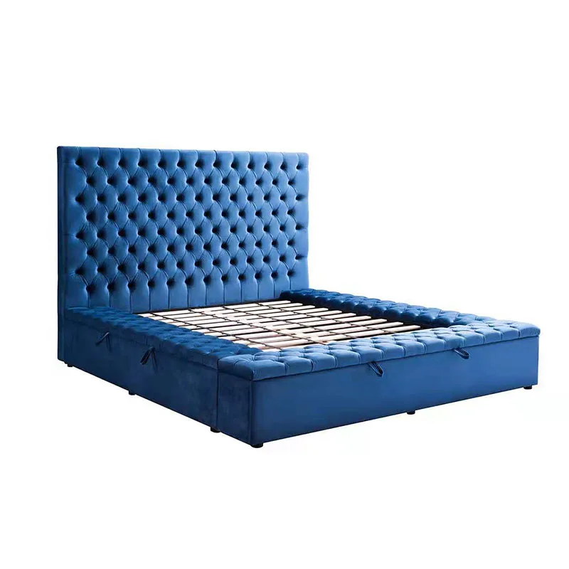 Pinzhi home modern tall tufted storage platform Queen King size velvet beds cama lit foshan furniture bed frame set