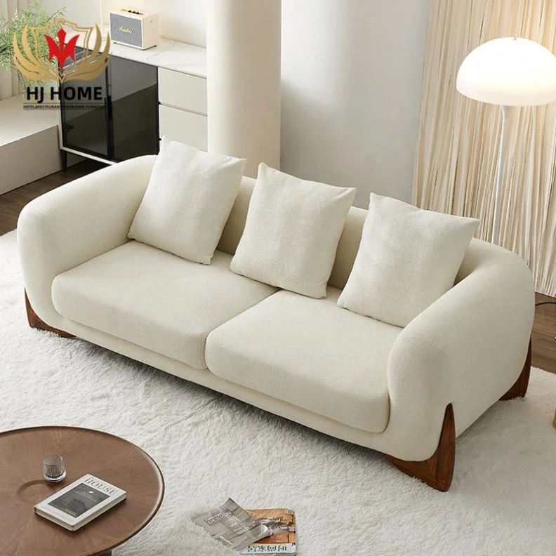 Foshan Furniture Ready Ship Cheap Price Modern 3-Seat Living Room Sitting Couch Cashmere  Fabric White Three Seat Sofa