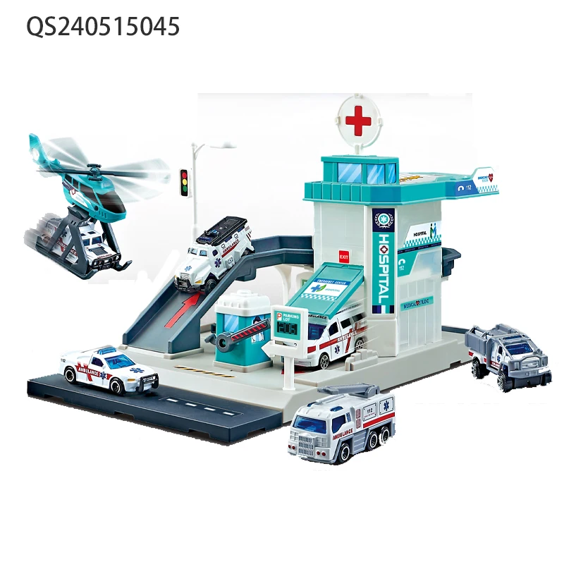 QS Promotional Gift Kids DIY City Theme Model Car Track Set Toy Plastic Fire Truck Series Parking Lot Vehicle Toys For Children