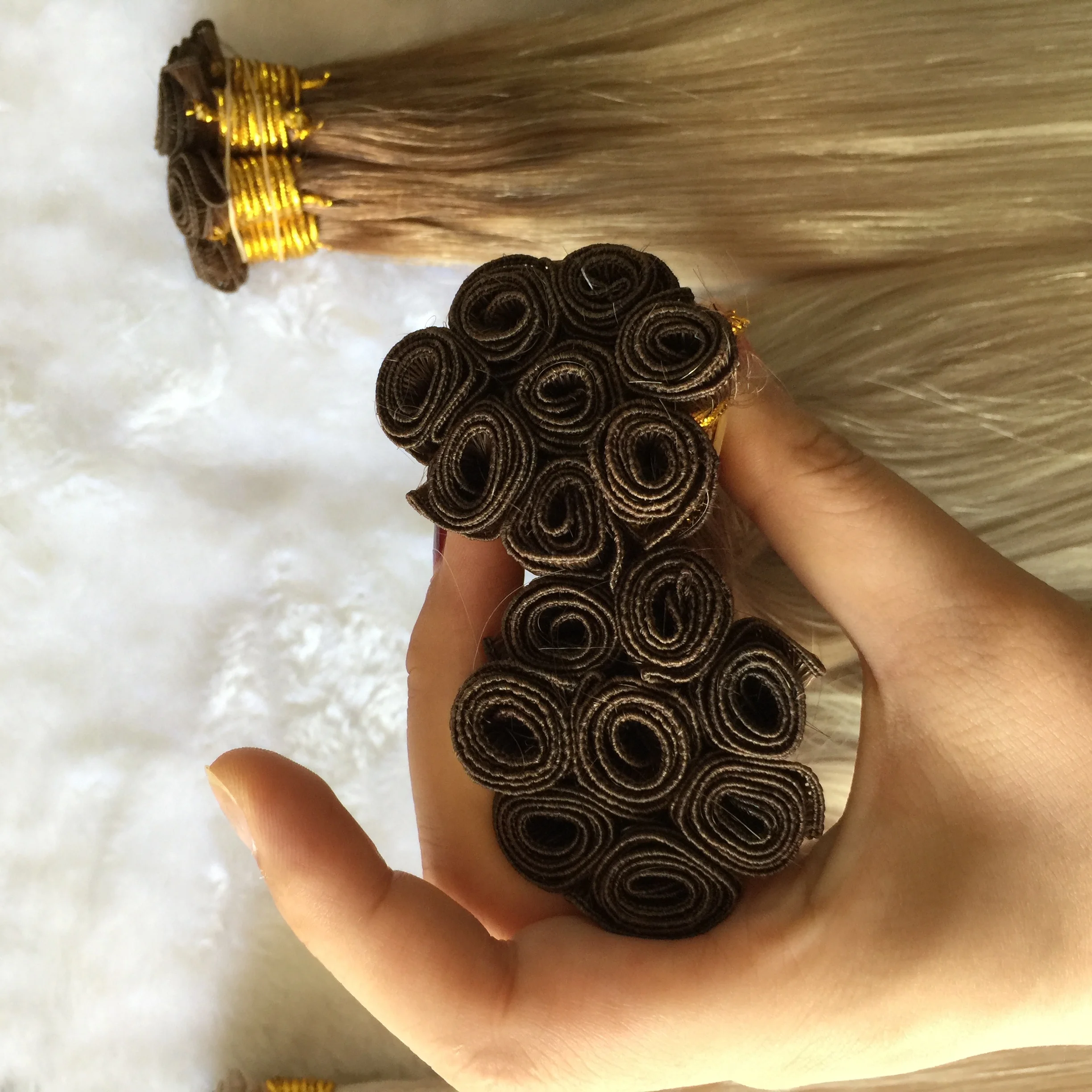 Remy Mongolian Full Hand Tied Weft Hair Extensions beaded rows hand tied weft wholesale hair  supply