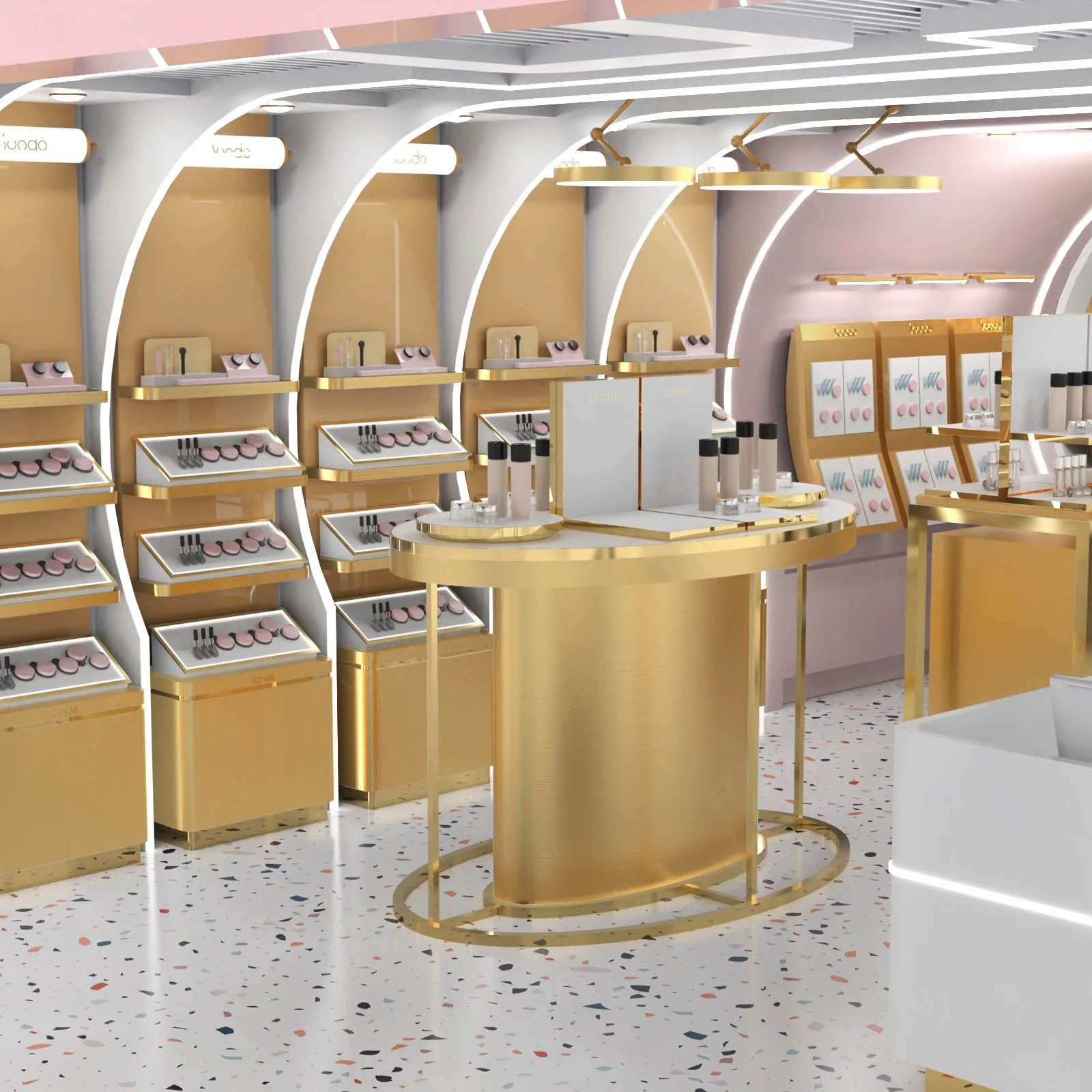 SUNDO wholesale price Beauty showcase shop furniture supply rose gold cosmetic display cabinet Wooden cabinet for perfume