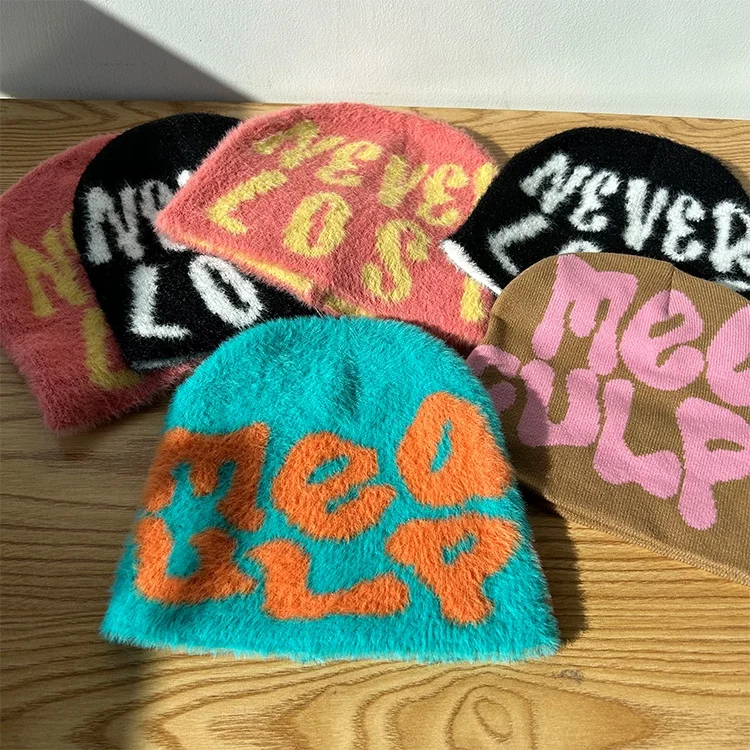 Beanies With Custom Logo All Over Print Designer Unisex Graphic Jacquard Mohair Knit Winter Beanie Hats