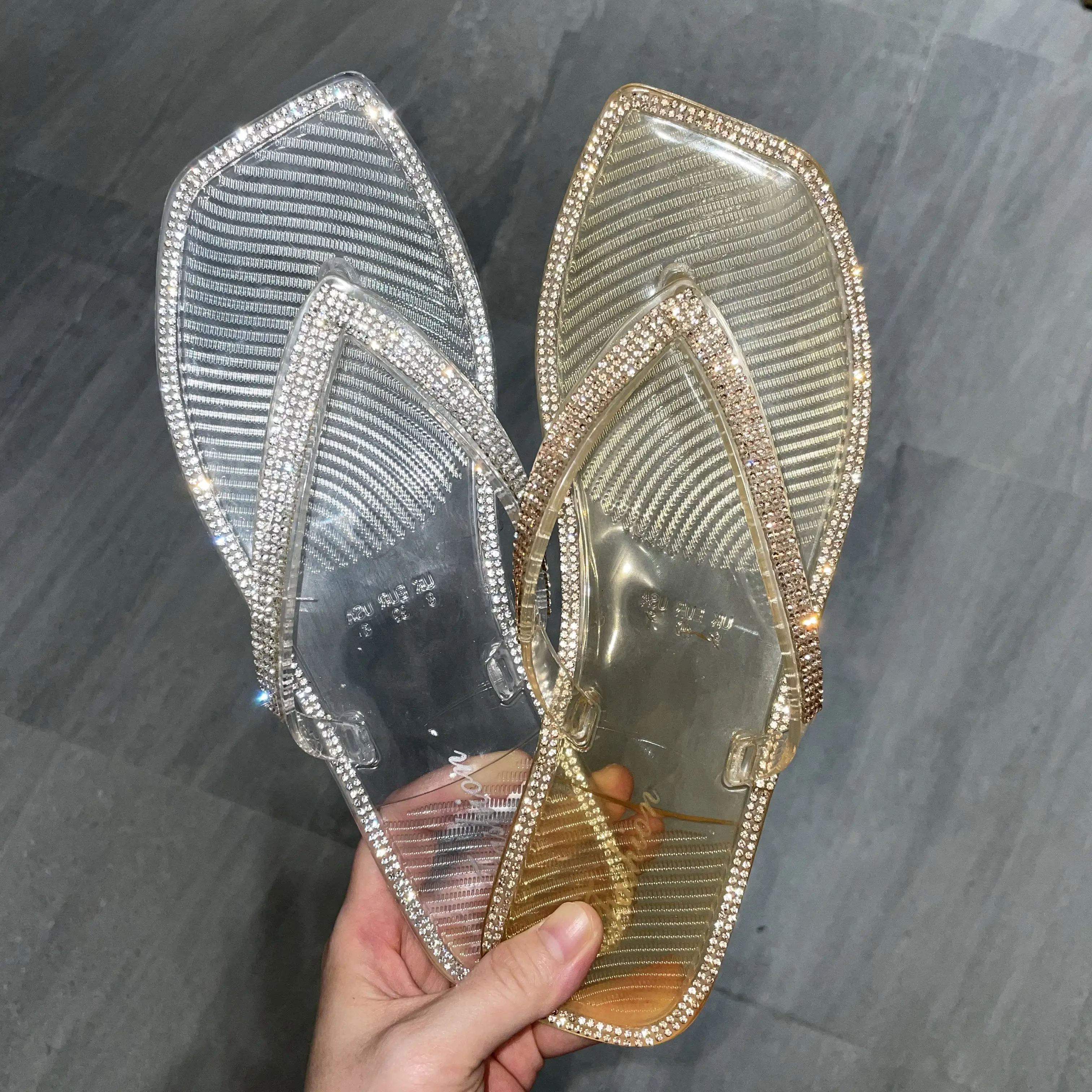 E-commerce hot sell Female summer  transparent fancy diamond Rhinestone crystal  slippers Jelly slides flip flop for women