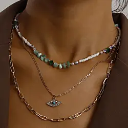 Hot Selling Multi-layer Necklace Rice Beads Turquois Choker Rhinestone Turkish Eyes Pendant Necklace Women Fashion Jewelry