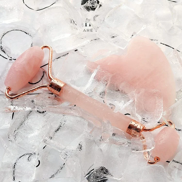 Custom Logo 2 in 1 Natural Jade Facial Massage Pink Crystal Quartz Roller Gua Sha Set With Box
