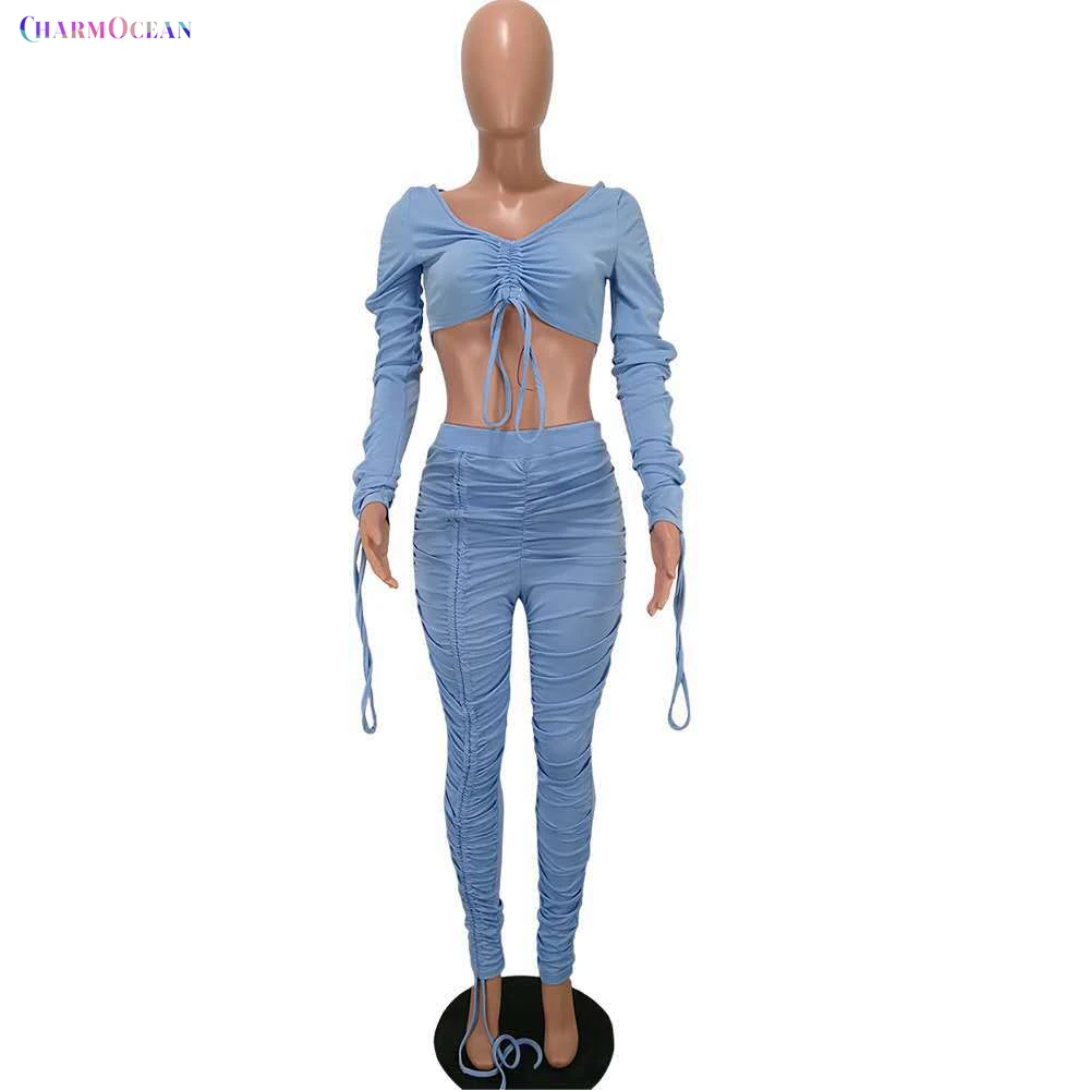 
Free Shipping C09441 - ladies casual patcheds long sleeve top and stacked pants solid bandage two piece set 