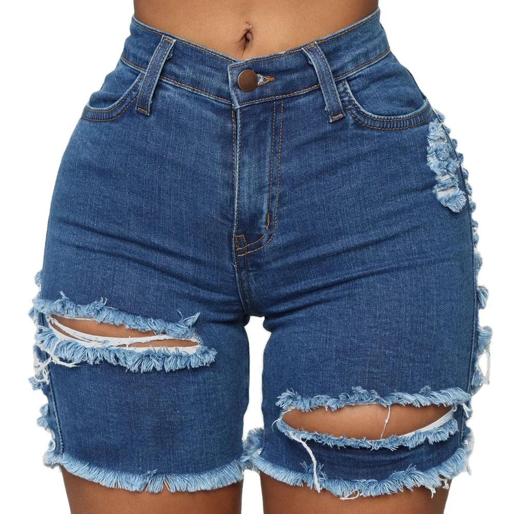 2024 Summer New European And American Trendy High Waist Sexy Tight Ripped Jean Shorts For Women