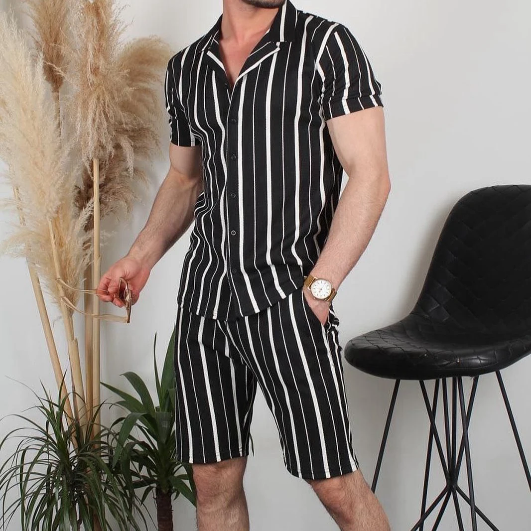 Custom Logo Unisex Mens Polo Stripe Long Sleeve Shirt And Pants Polo Sweet Suit Set Stripe Mesh Fabric Summer Polo Set