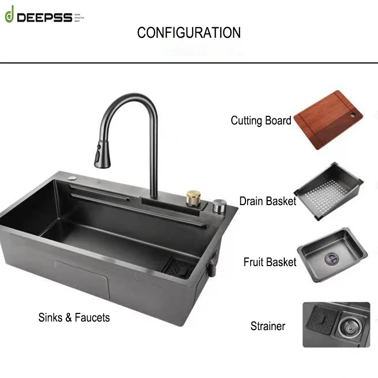 DEEPSS 304 ss countertop pull out waterfall faucet sink kitchen mixer water tap for kitchen bathroom with Turn type diverter