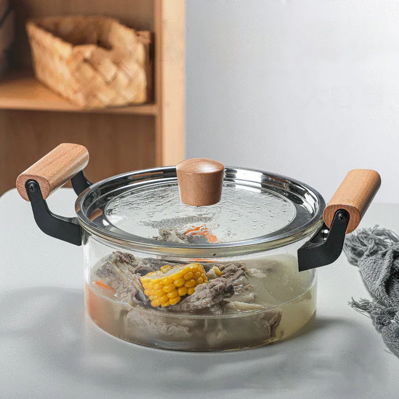 Жаростойкая кастрюля shabu из открытого огня стеклянная для супа боросиликатного стекла с деревянной ручкой оптовая