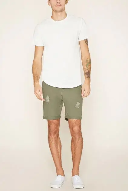 Doger Custom Print Logo Brand High Quality Khaki Distressed Hole Cuffed Denim Shorts Mens Casual Workwear Jean Chino Shorts