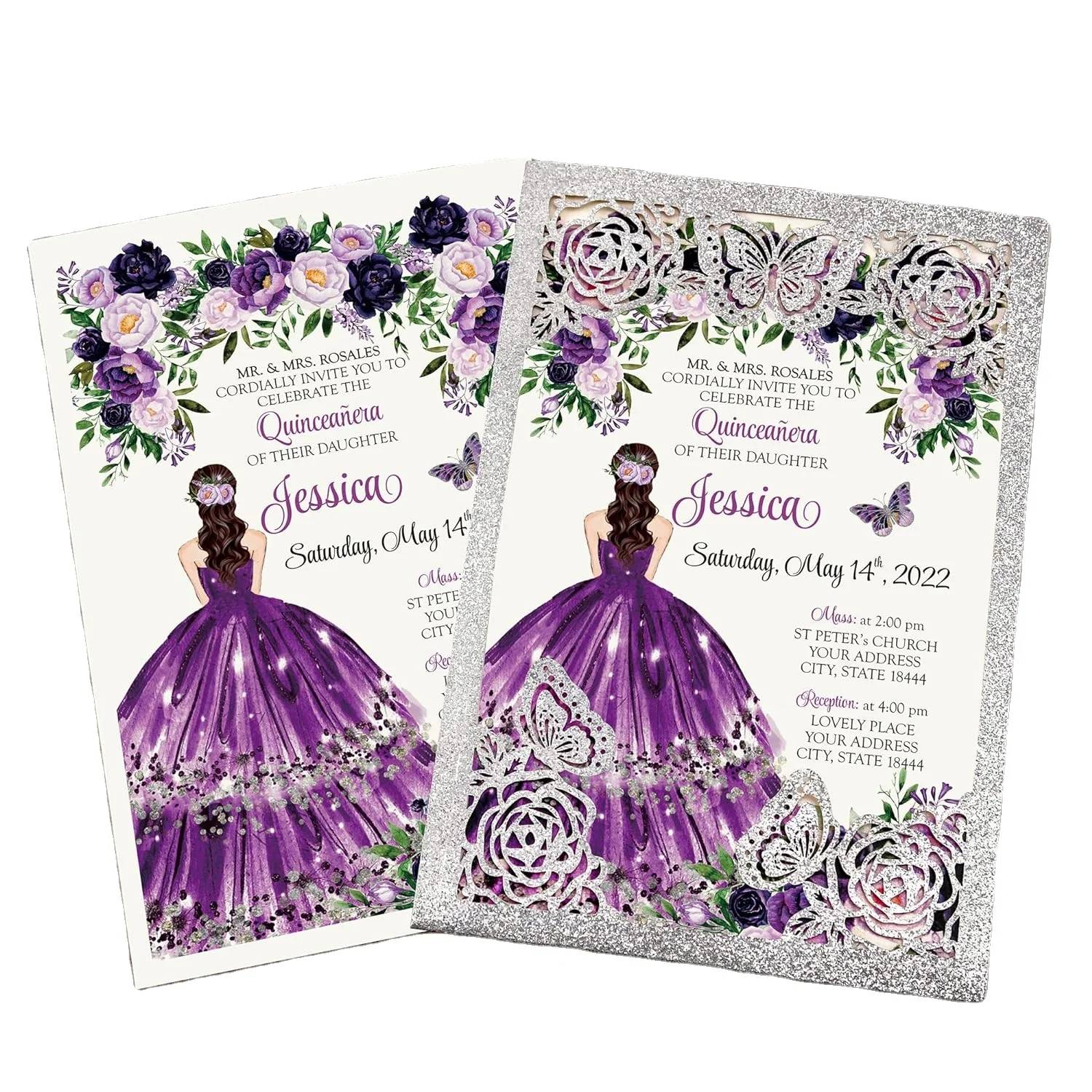 Custom design glitter silver and blue butterfly invitation for birthday laser cut invitation cards