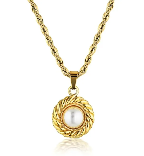 2021 Trendy Bohemian Jewelry Statement Jewelry Silver Gold Twisted Rope Chain Round Fresh Water Pearl Necklace 18K Gold Plated