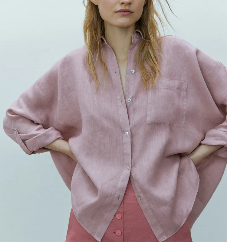 Sustainable Autumn Solid Long Shirt Women Cardigan Casual Lapel Long Sleeve Tops Vintage Cotton Linen Blouse