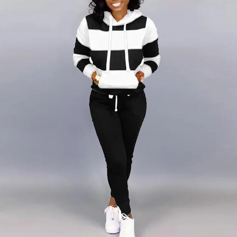  2021 wholesale 95 cotton pullover hoodie and jogger suit stripe set for