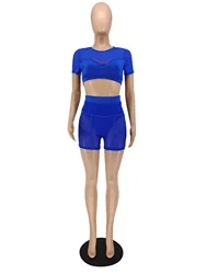 New Stylish European Style Tempting Angle Sexy Angle See Through Short Sleeve Mesh Pant Women Two Piece Set