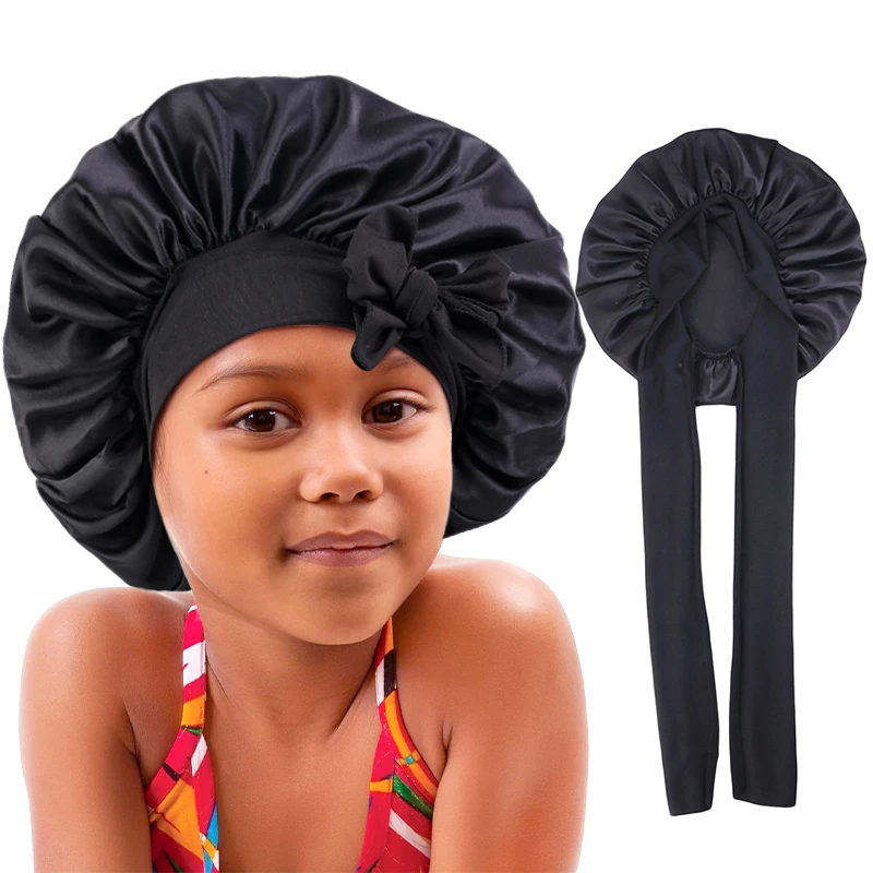 Satin Bonnet for Kids Silk Bonnets for Sleeping Curly Hair Bonnet with Tie Band Single Layer Sleep Cap for Girls Boys
