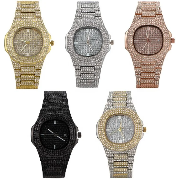 High quality five different colors alloy and diamond hip hop quartz watch with box packaged