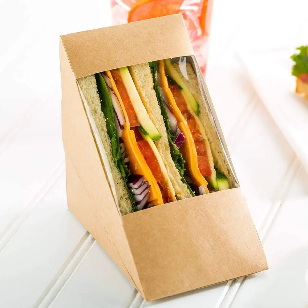 Sandwich Wedge Box With Window Kraft Paper Sandwich Take Out Containers Triangle Baking Packaging Box Sandwich Packaging Box