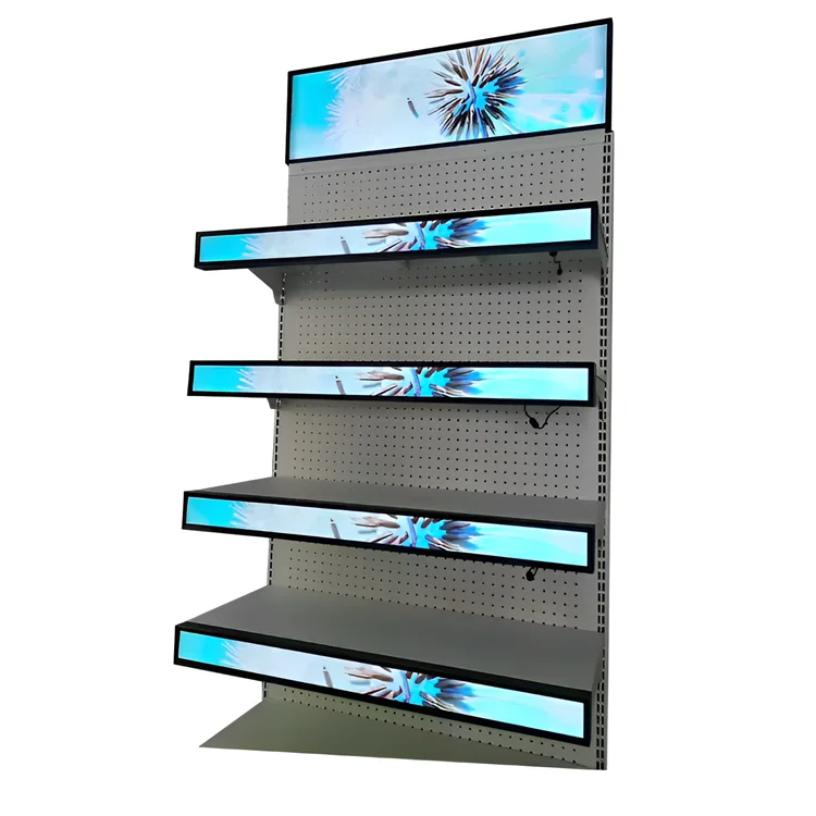 Распродажа интеллектуальный продуктовый магазин гондольный металлический светодиодный дисплей стеллажи для хранения полки