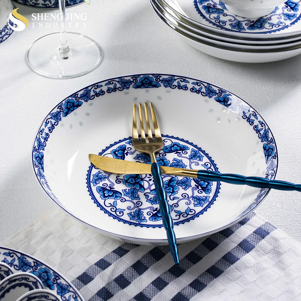 Jingdezhen Factory Bone China Blue and White Chinese Dinnerware Antique Flower Pattern Ceramic Tableware Set